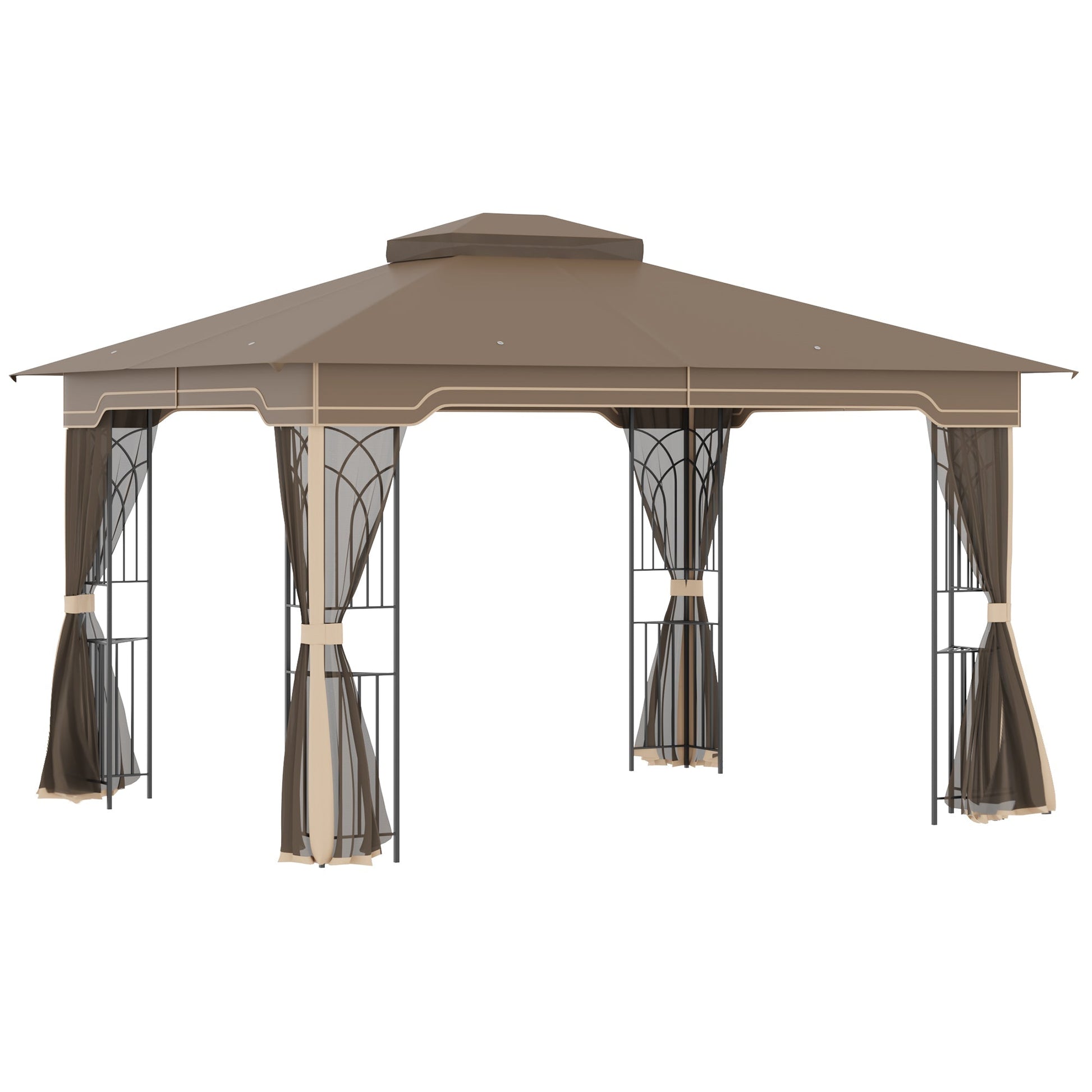 Outsunny garden gazebo with mosquito net, double roof, metal structure and shelves, 3,65x3m brown and beige - Borgè