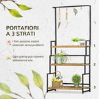 3-Tier Flower Stand with Top Hooks Fir Wood and Metal for Indoor and Outdoor, 80x36x174 cm - Borge' Group Limited