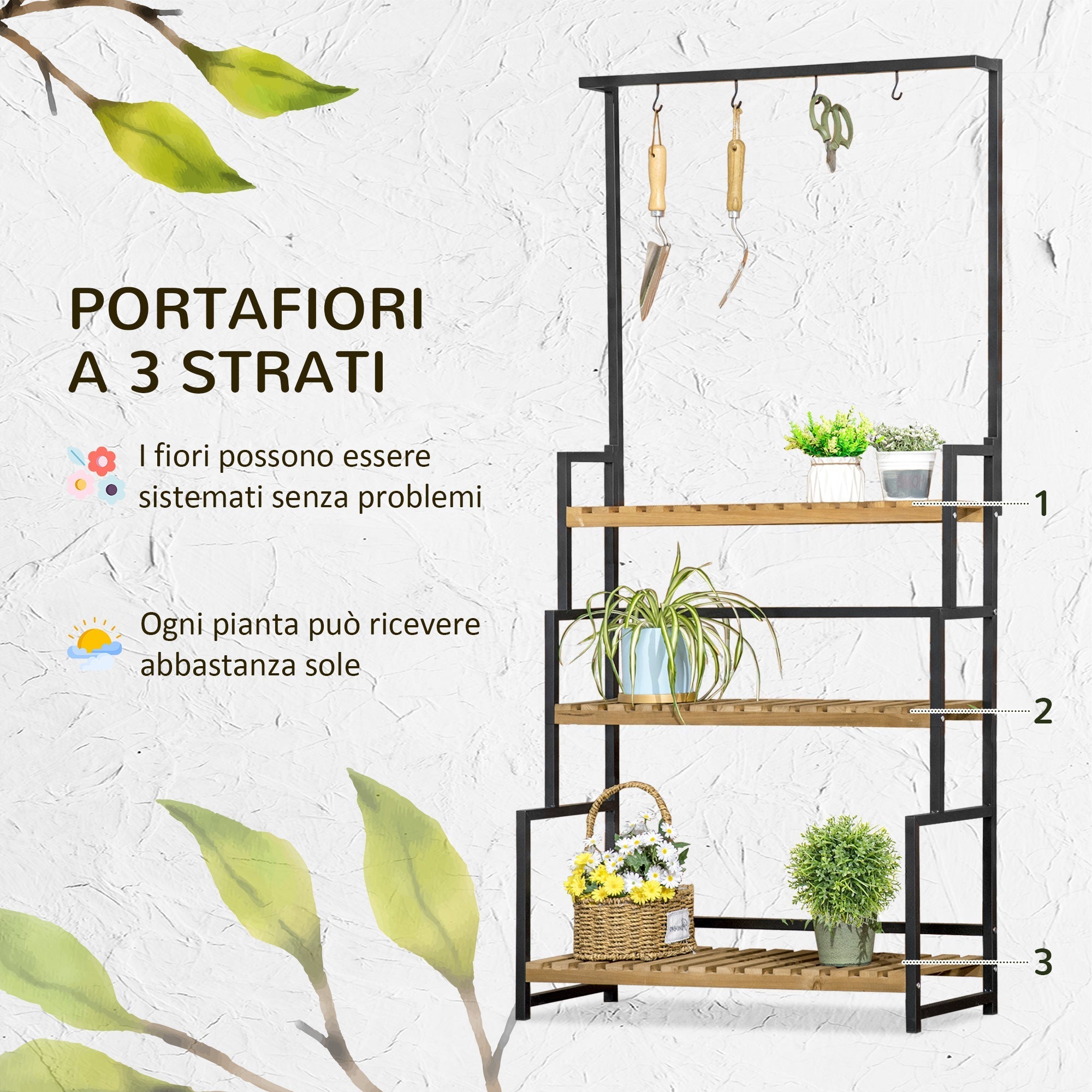 3-Tier Flower Stand with Top Hooks Fir Wood and Metal for Indoor and Outdoor, 80x36x174 cm - Borge' Group Limited