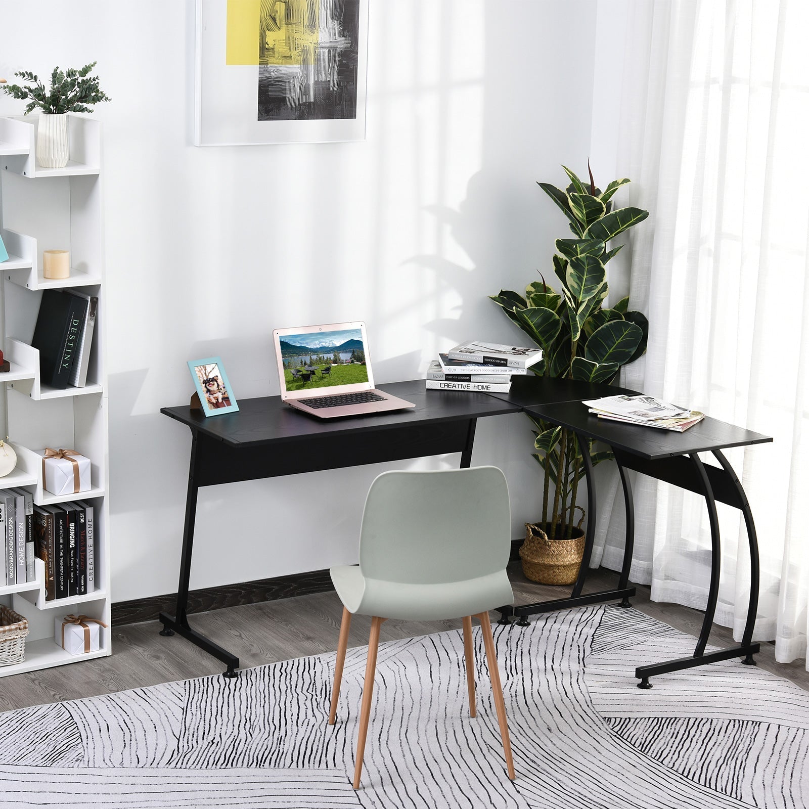 Desk Wooden and Metal Corner, Black, 112.5 x 152 x 74cm - Borgè