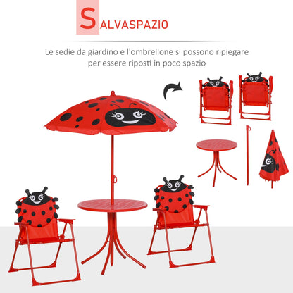 Outsunny Garden Table Set with 2 folding chairs and umbrella for children's ladybugs - Borgè