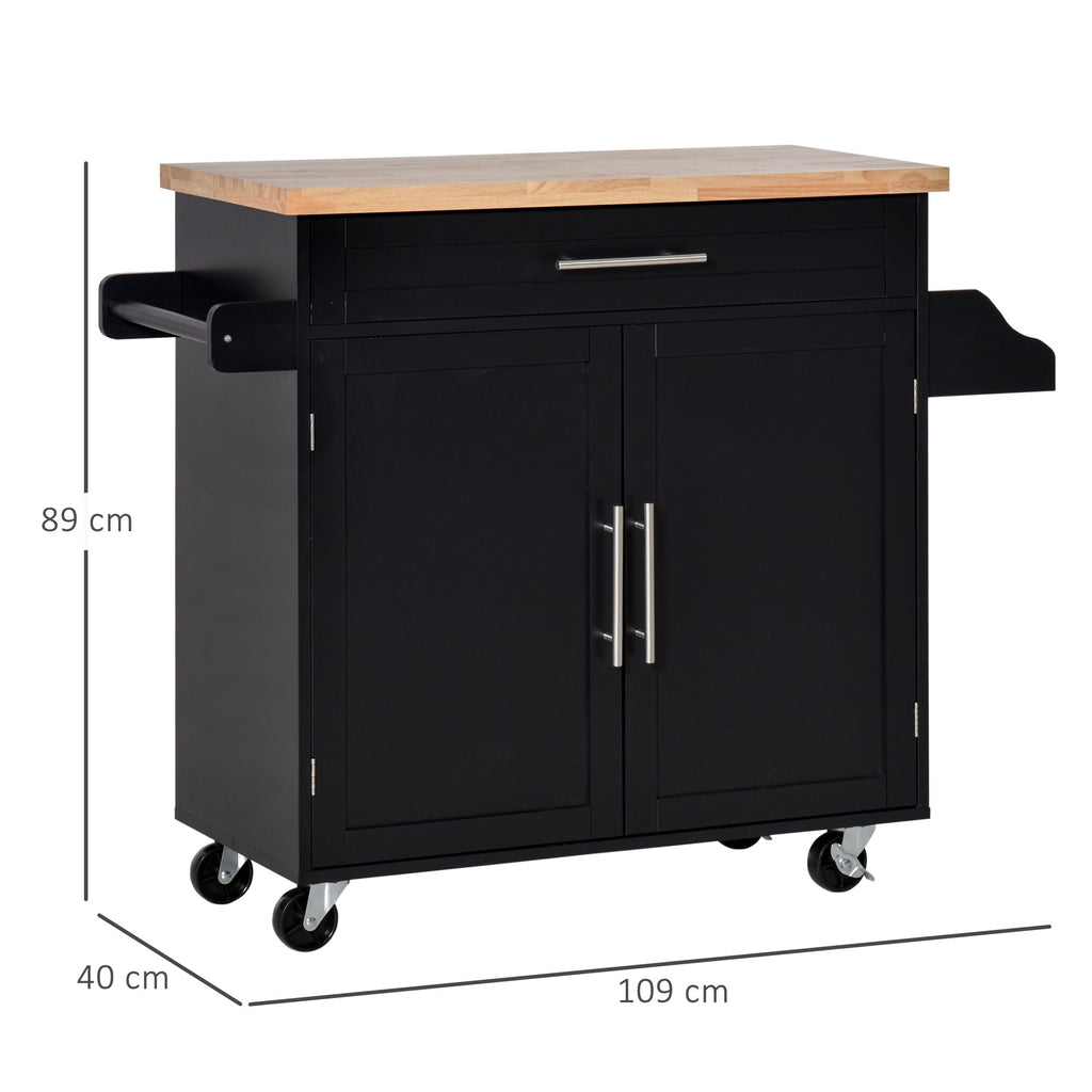 Kitchen Cart with drawer, door holders and locker, 4 wheels and wooden work surface, 109x40x89cm - Black - Borgè