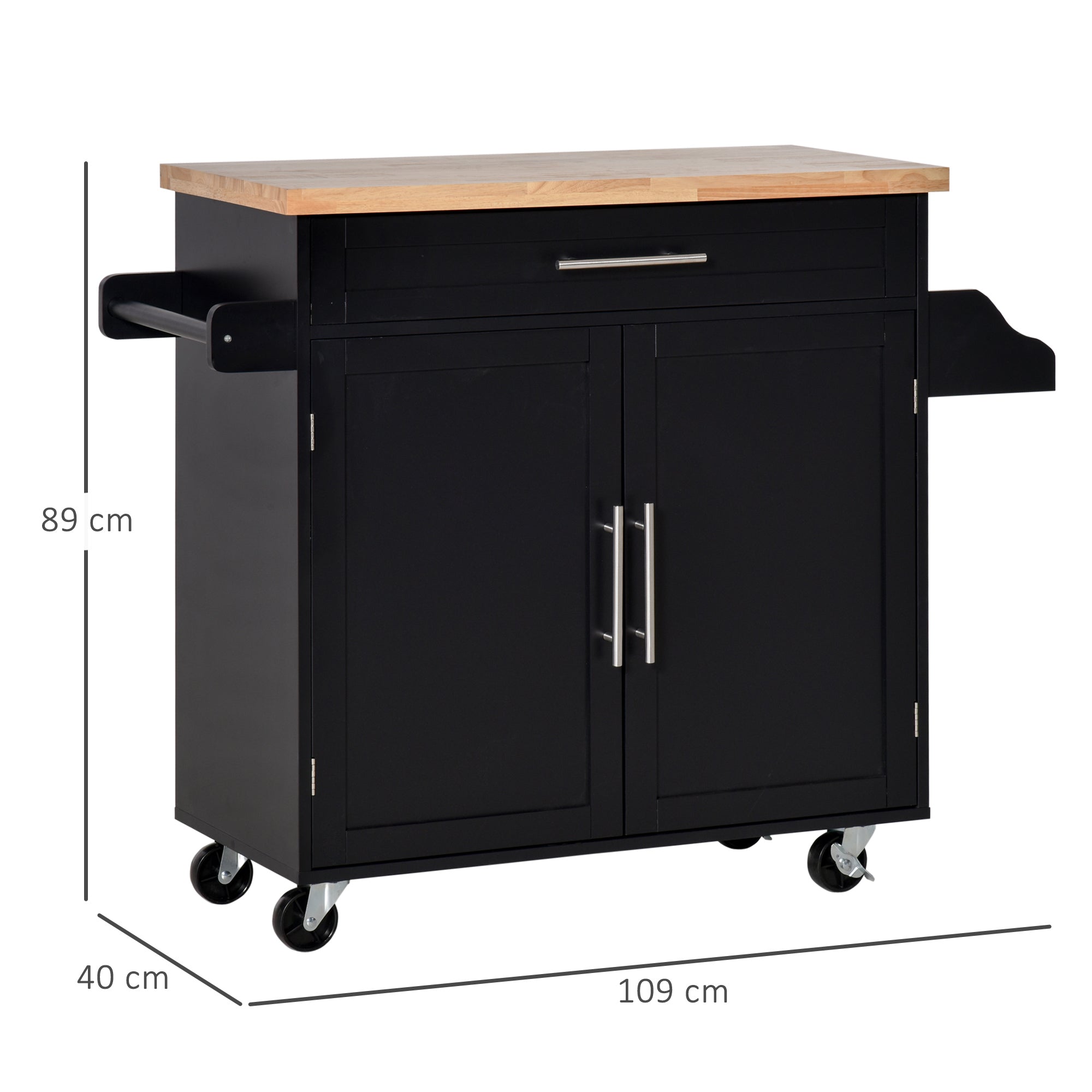 Kitchen Cart with drawer, door holders and locker, 4 wheels and wooden work surface, 109x40x89cm - Black - Borgè