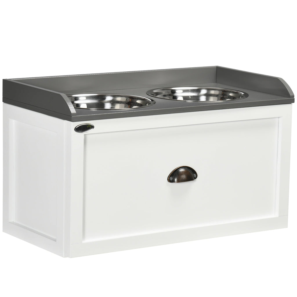 Stainless Steel and Wood Raised Dog Bowls with Drawer, 60x30x36cm, White and Grey - Borge' Group Limited
