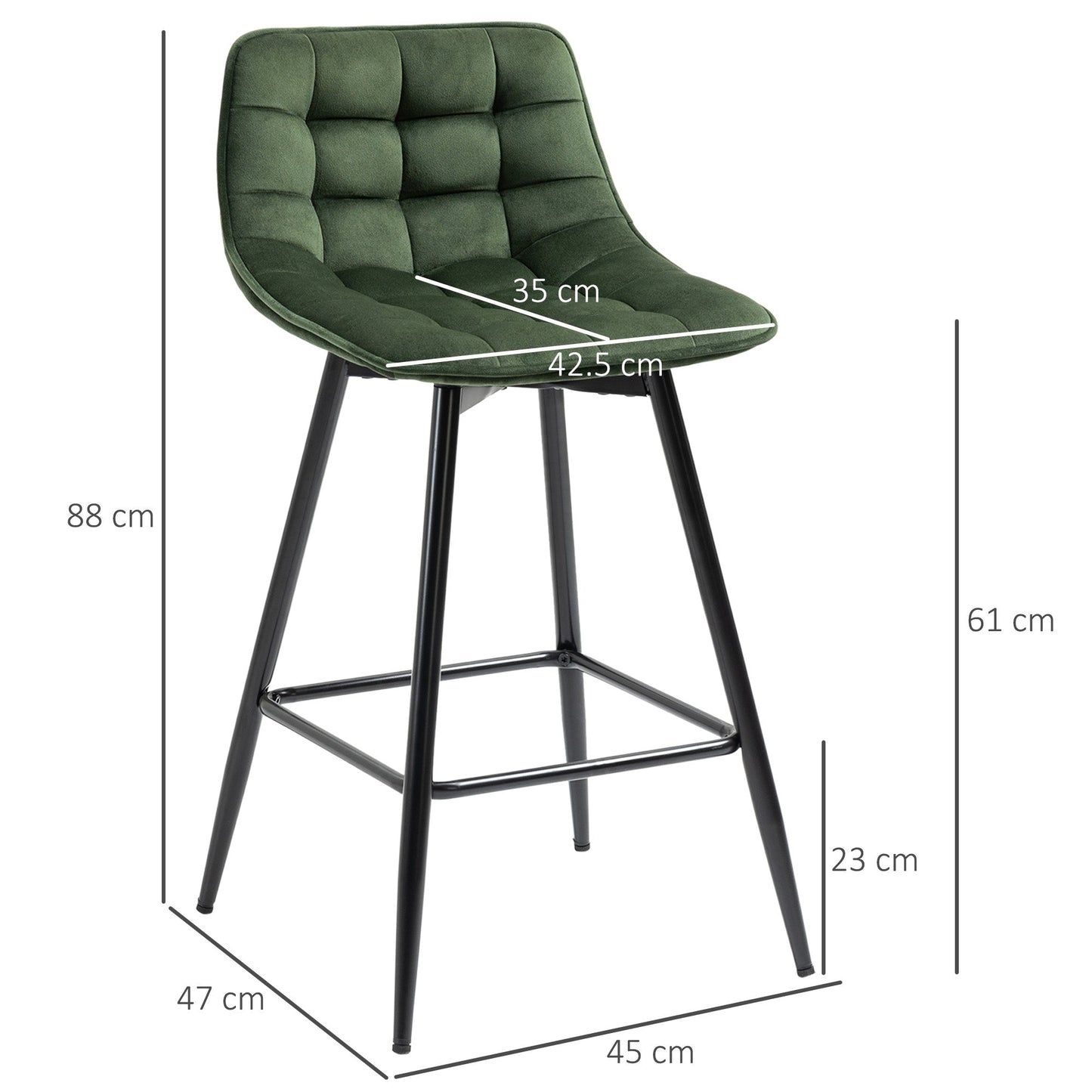 Set of 2 Nordic Style Metal and Velvet Bar Stools with Backrest and Footrest, Green, 45x47x84cm - Borgè