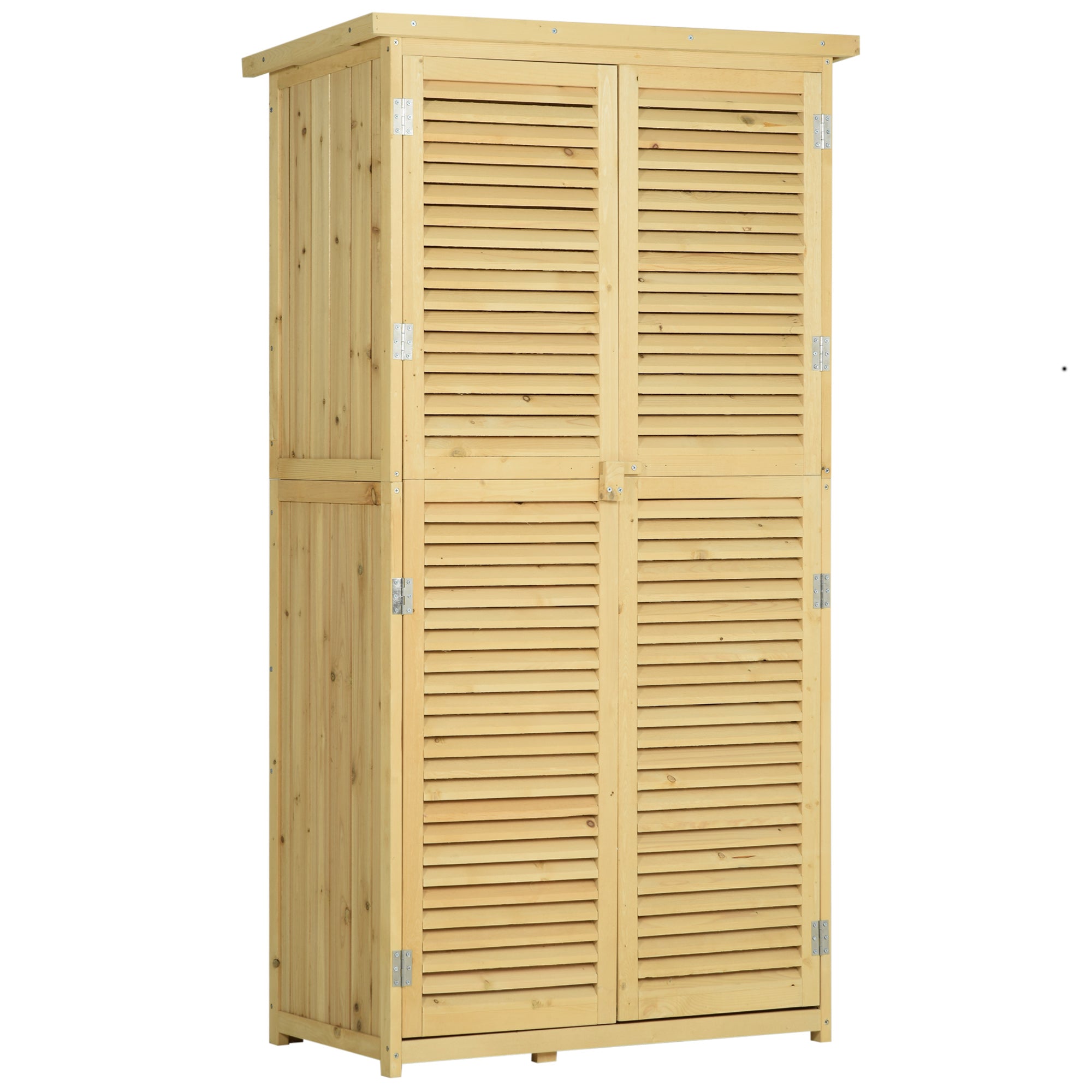 Fir and Pine Wood Garden Tool Shed with 4 Compartments, Outdoor Garden Tool Cabinet with Waterproof Roof, 87x46.5x160cm, Wood Color - Borge' Group Limited