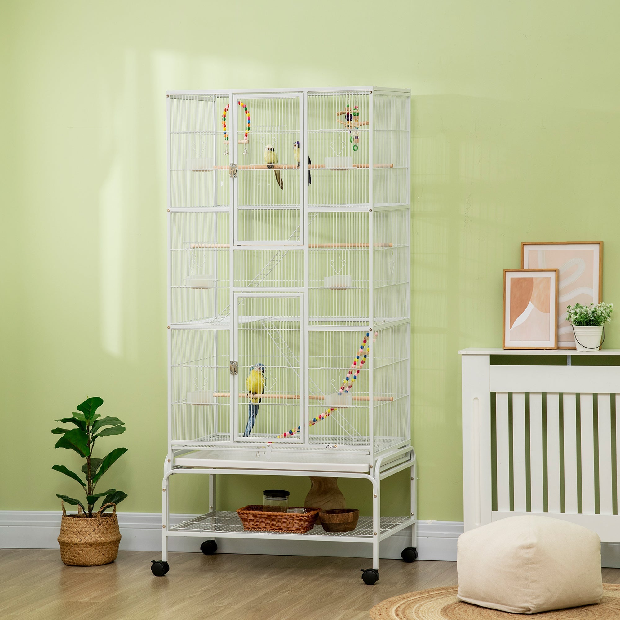 Bird Cage in Steel and PP with Perches, Toys, Food Containers and Tray, 83x53x180 cm, White - Borge' Group Limited
