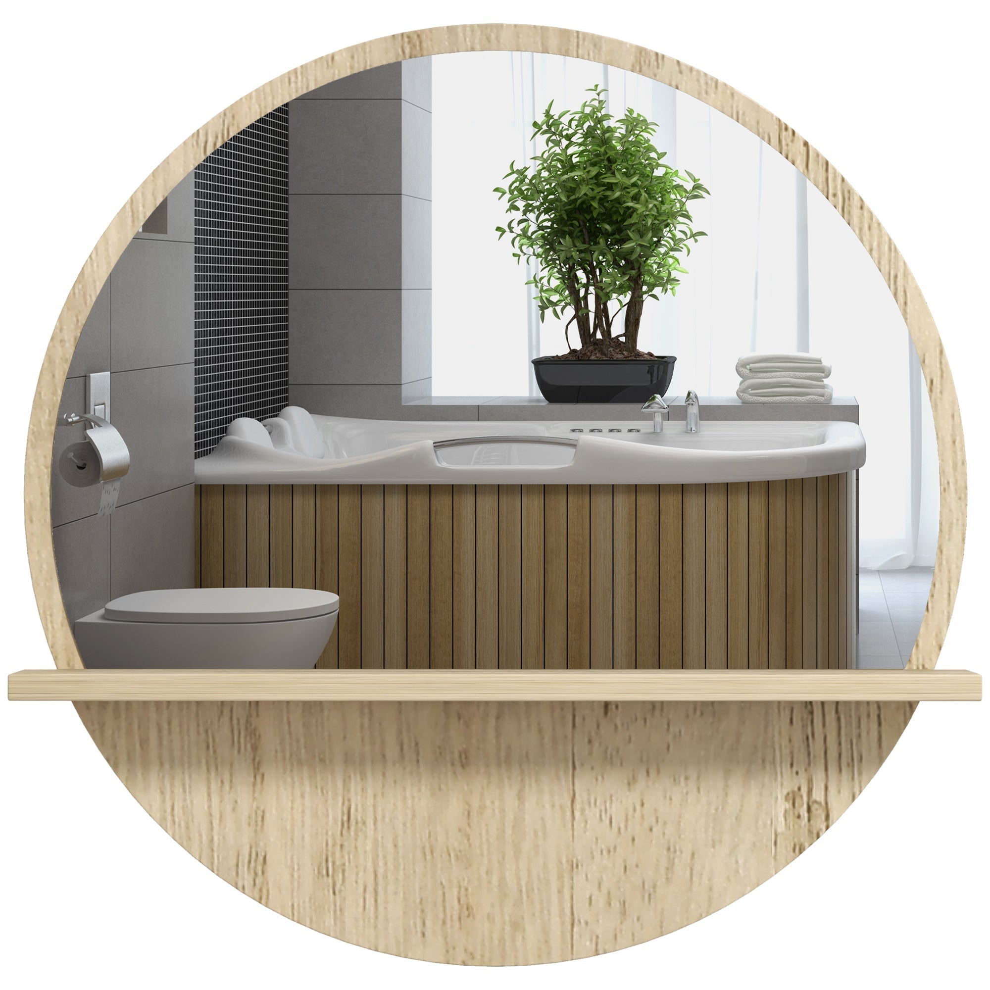 Kleankin Rotondic bath mirror in chipboard and glass with storage shelf and 2 rear hooks, Ã˜45x10 cm - Borgè