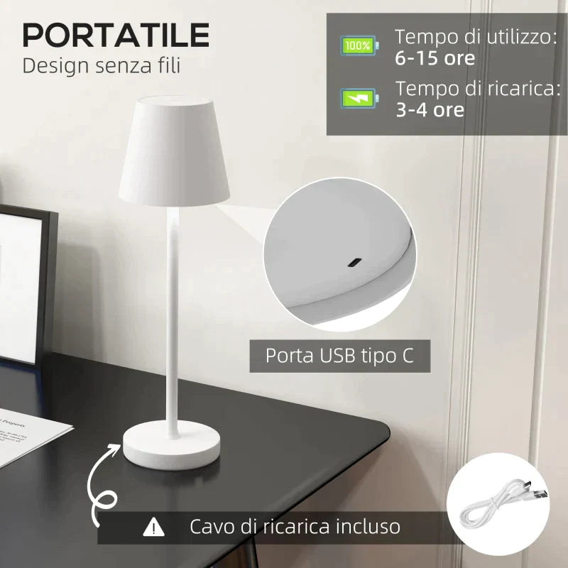 White Portable Table Lamp with Charging Cable | 3600mAh| Ã˜11.2x36.5 cm - Borgè