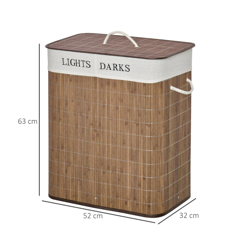 Bamboo basket 100l with 2 compartments, lid and handles, 52x32x63cm - brown - Borgè