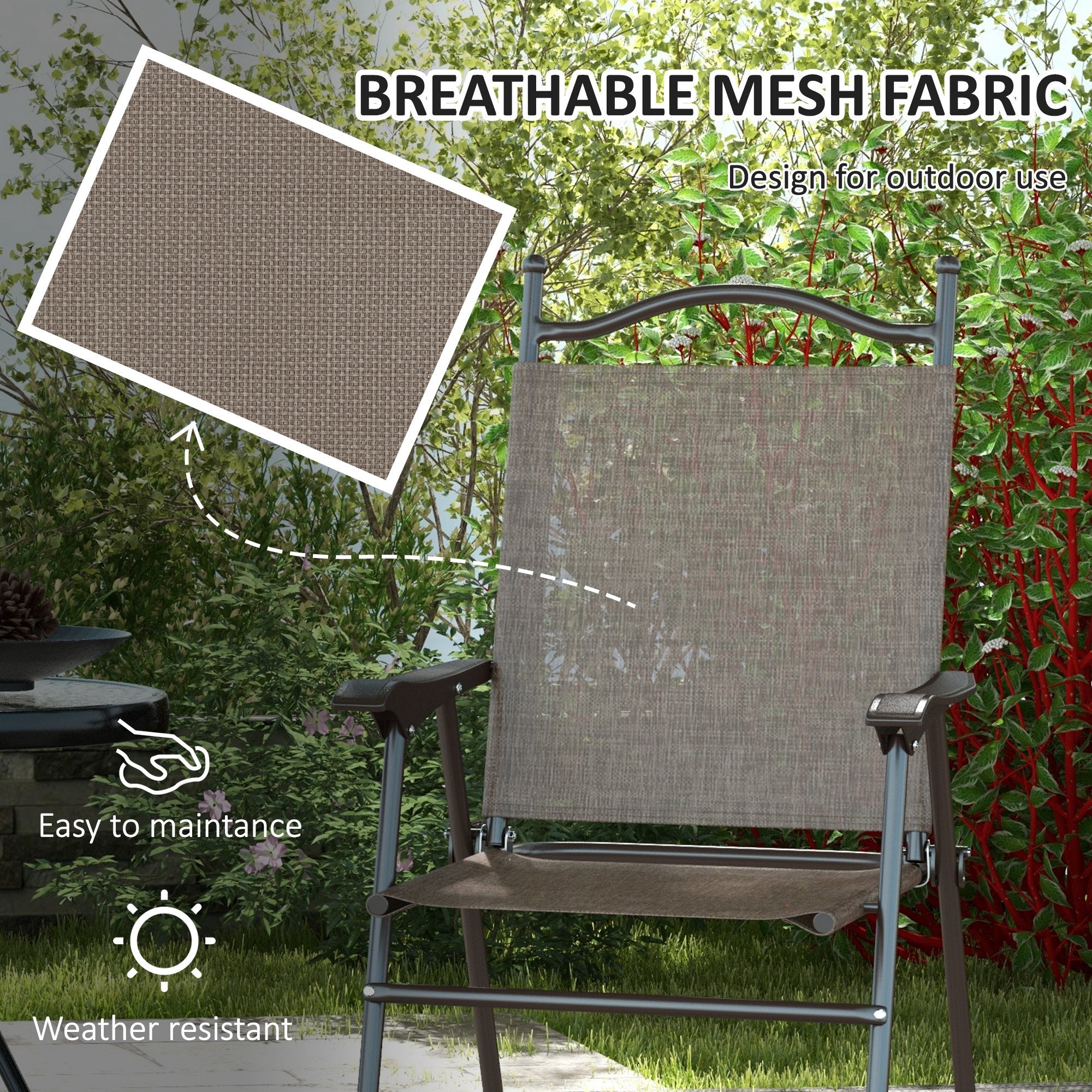 Outsunny set 2 Garden folding chairs with armrests and session in breathable fabric, brown - Borgè