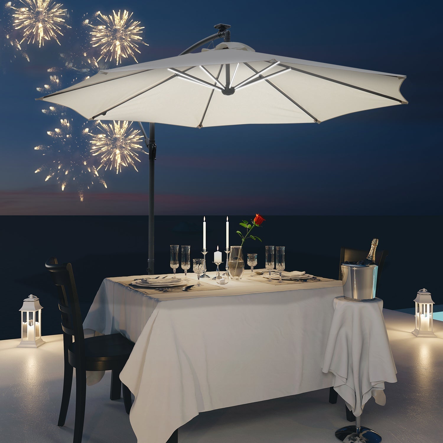 White Cream Umbrella with crank and 8 solar energy LED strips - Borgè