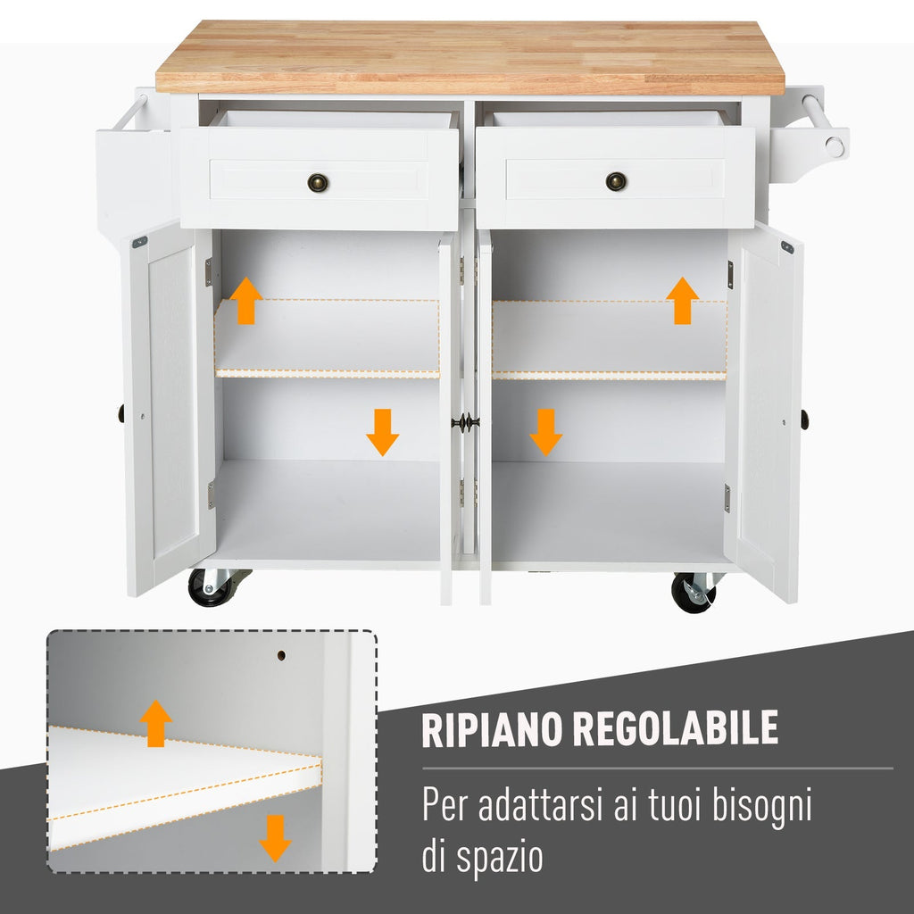 Kitchen Trolley spouses with drawers and wooden holders, 111x44.5x82.5cm, white - Borgè
