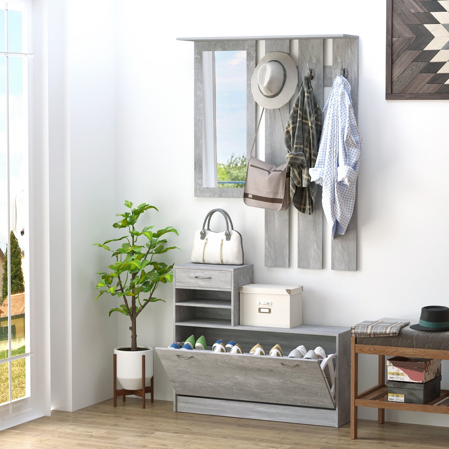 Mobile wardrobe for entrance with hanger mirror and adjustable boot, concrete Grey, 90x22x116 cm - Borgè