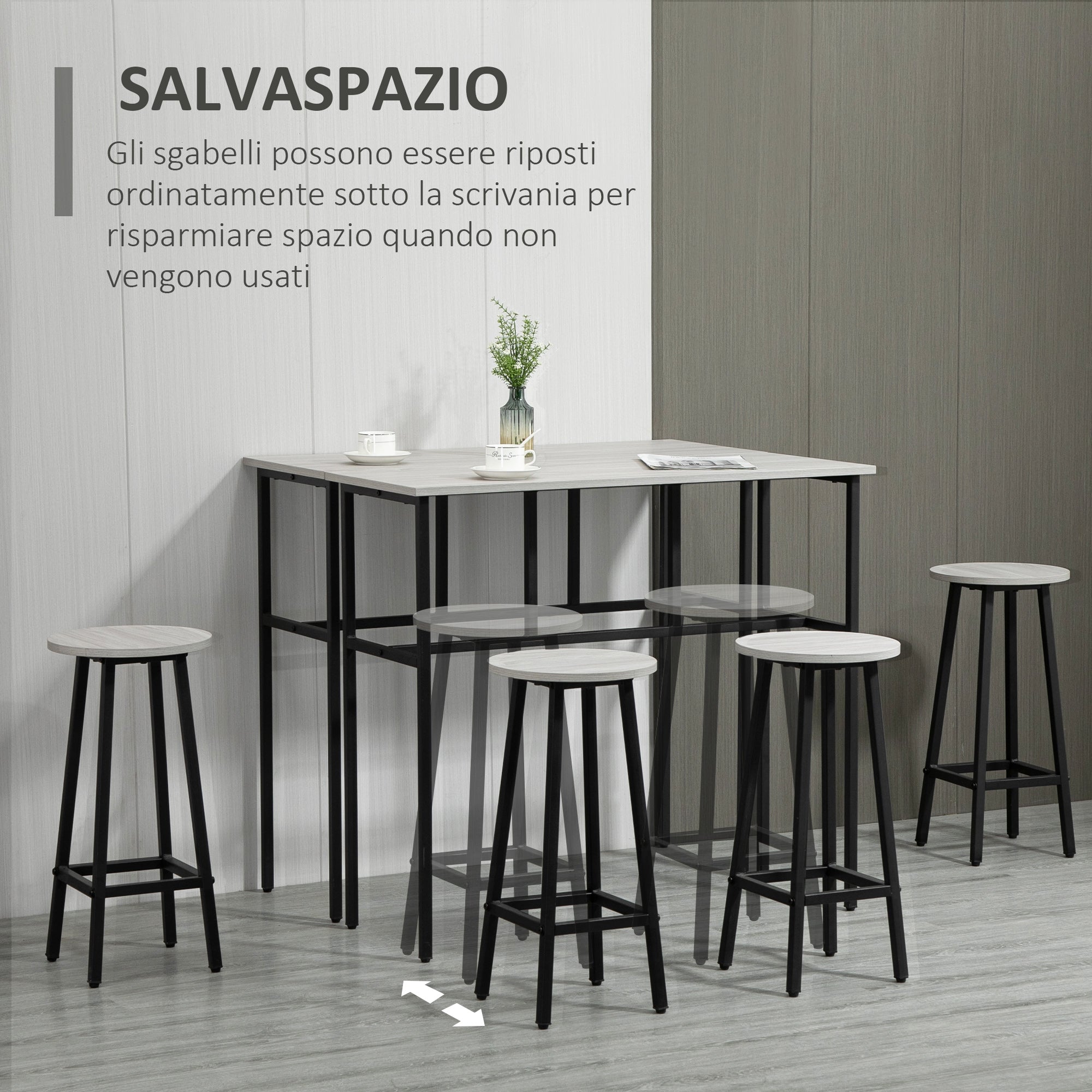 sets from bar 6 pieces with 4 bar stools and 2 high tables in chipped wood and steel for kitchen and living room, Grey - Borgè