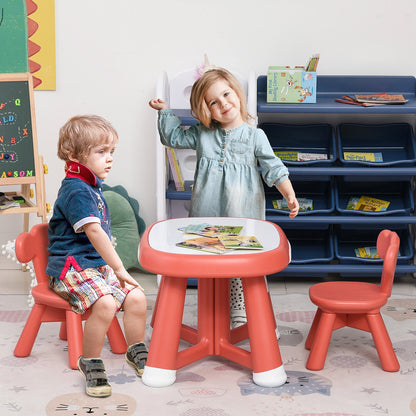 set table with 2 children's chairs and work surface with white blackboard