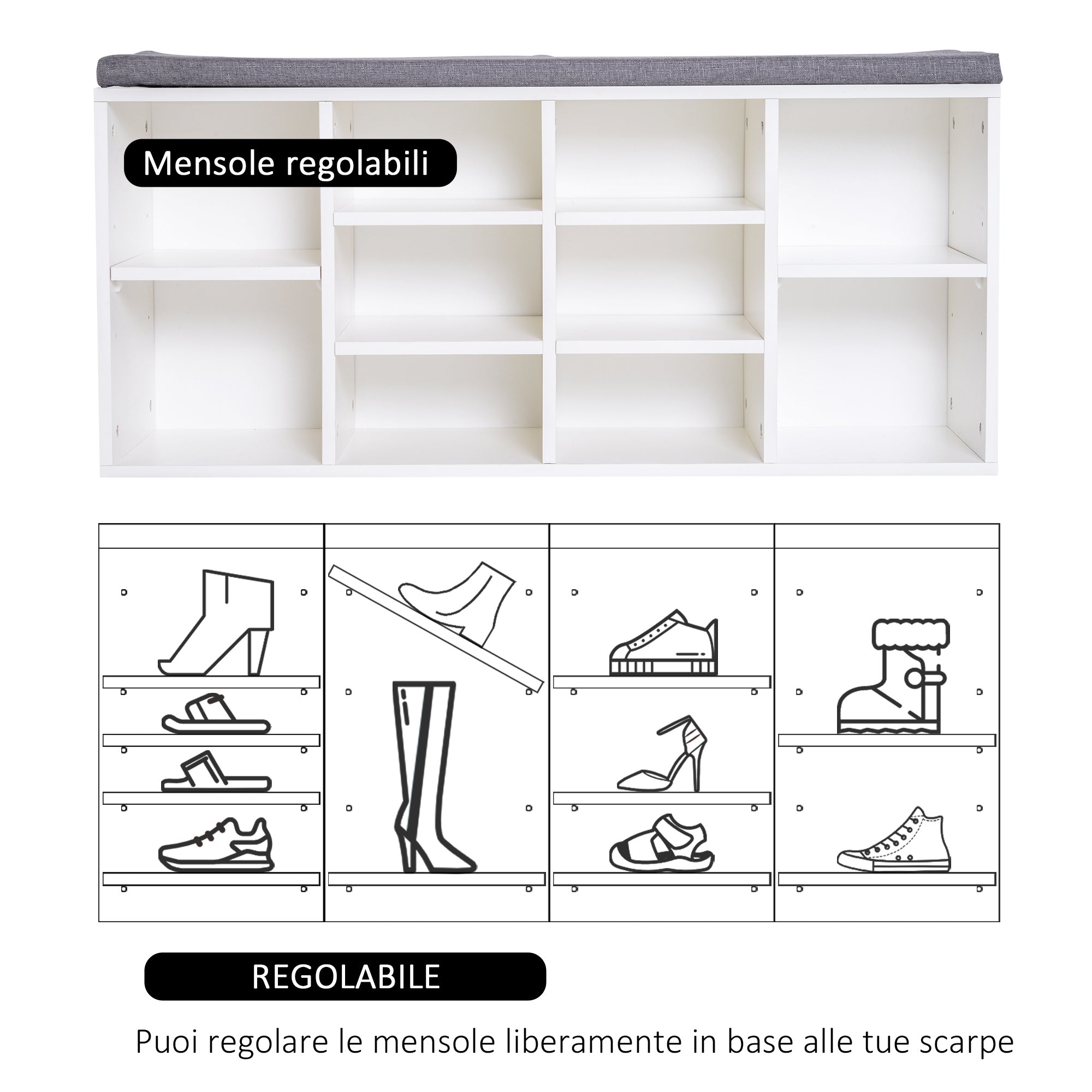 Bench Scarpper with adjustable shelves in white and Grey wood, 104x30x48cm - Borgè