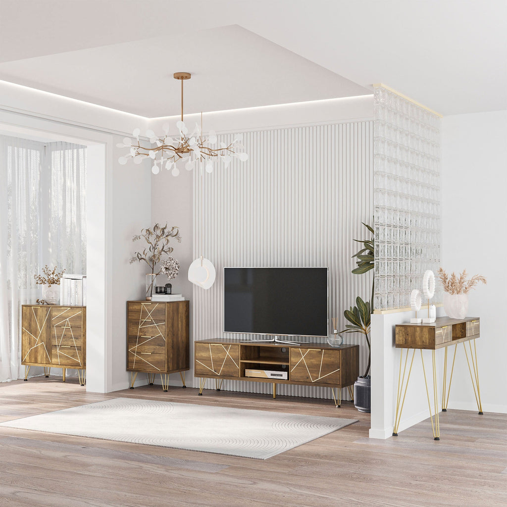 Table Console in chipboard and steel for entrance and living room with open shelf and 2 drawers, 120x29x79 cm - Borgè