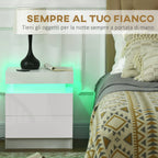 HOMCOM White Bedside Table with LED Light, High Gloss Front Nightstand with 2 Drawers, for Living Room, Bedroom - Borgè