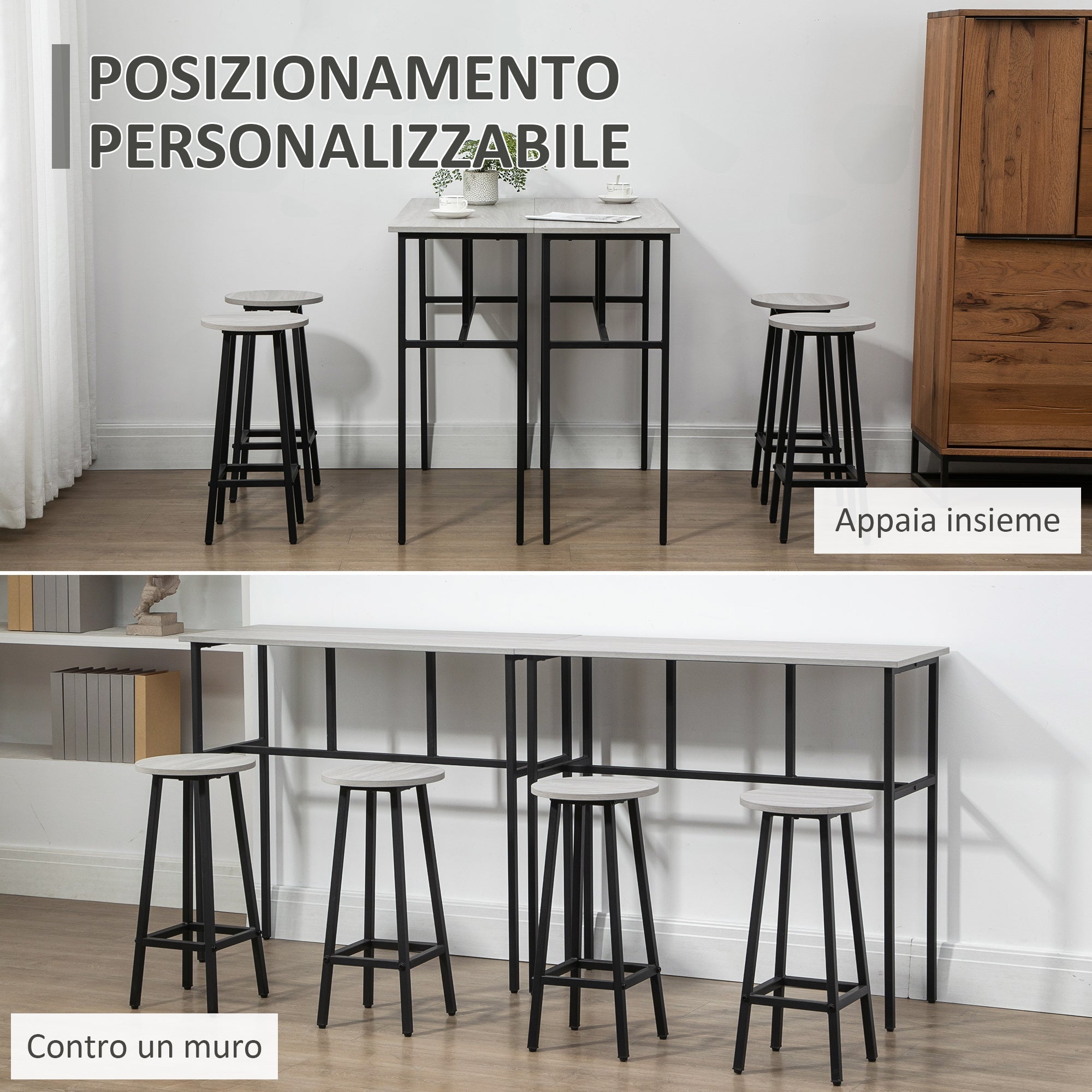 sets from bar 6 pieces with 4 bar stools and 2 high tables in chipped wood and steel for kitchen and living room, Grey - Borgè