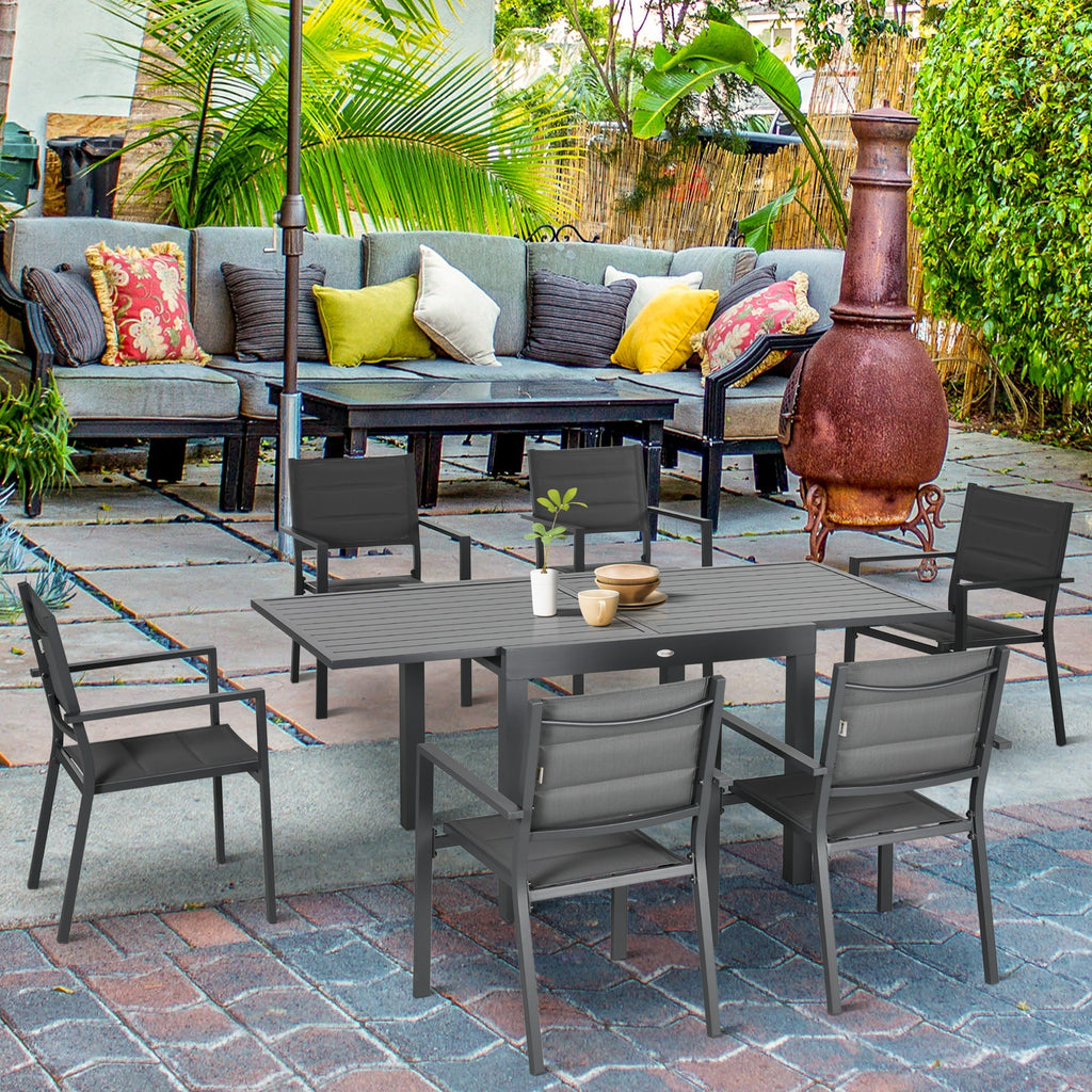 Extendable Aluminum Garden Table and 6 Chairs Set with Breathable Seat, Grey - Borge' Group Limited