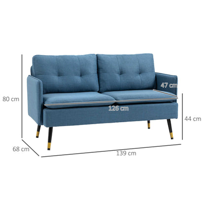 Sofa 2 seats in fabric with padded cushions and steel legs 139x68x80cm, dark blue - Borgè