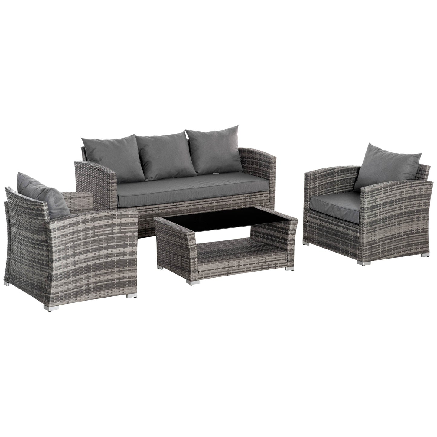 Outsunny set garden living room in Rattan PE with 3 -seater sofa, 2 armchairs and table with glass, Grey