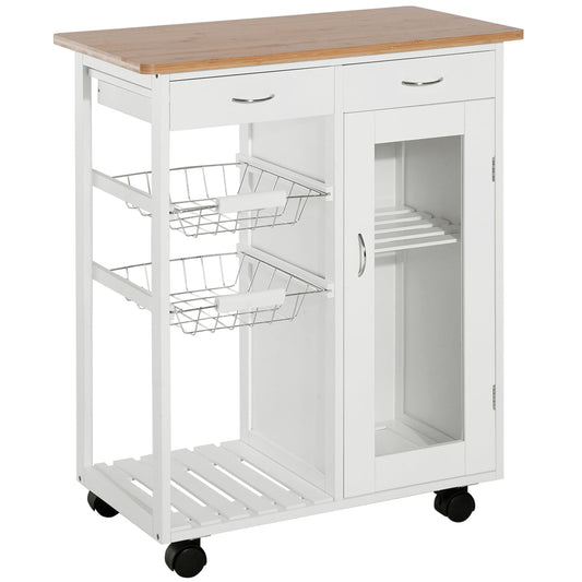 kitchen trolley with drawers and 2 pine wooden baskets, white, 70x37x85cm