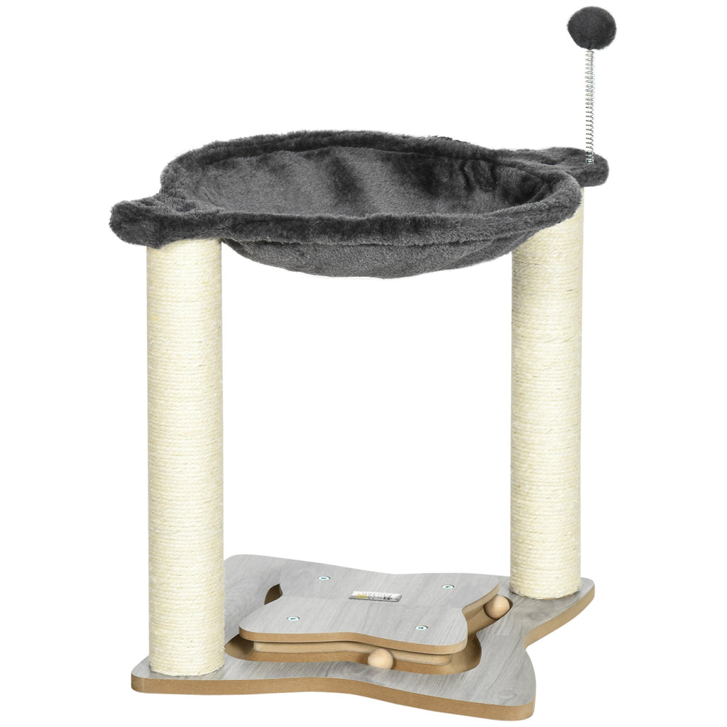 Cat Scratching Post with Plush Hammock, Wooden Base with Toy and Sisal Poles, 53.55x53. 5x66cm, Grey - Borge' Group Limited