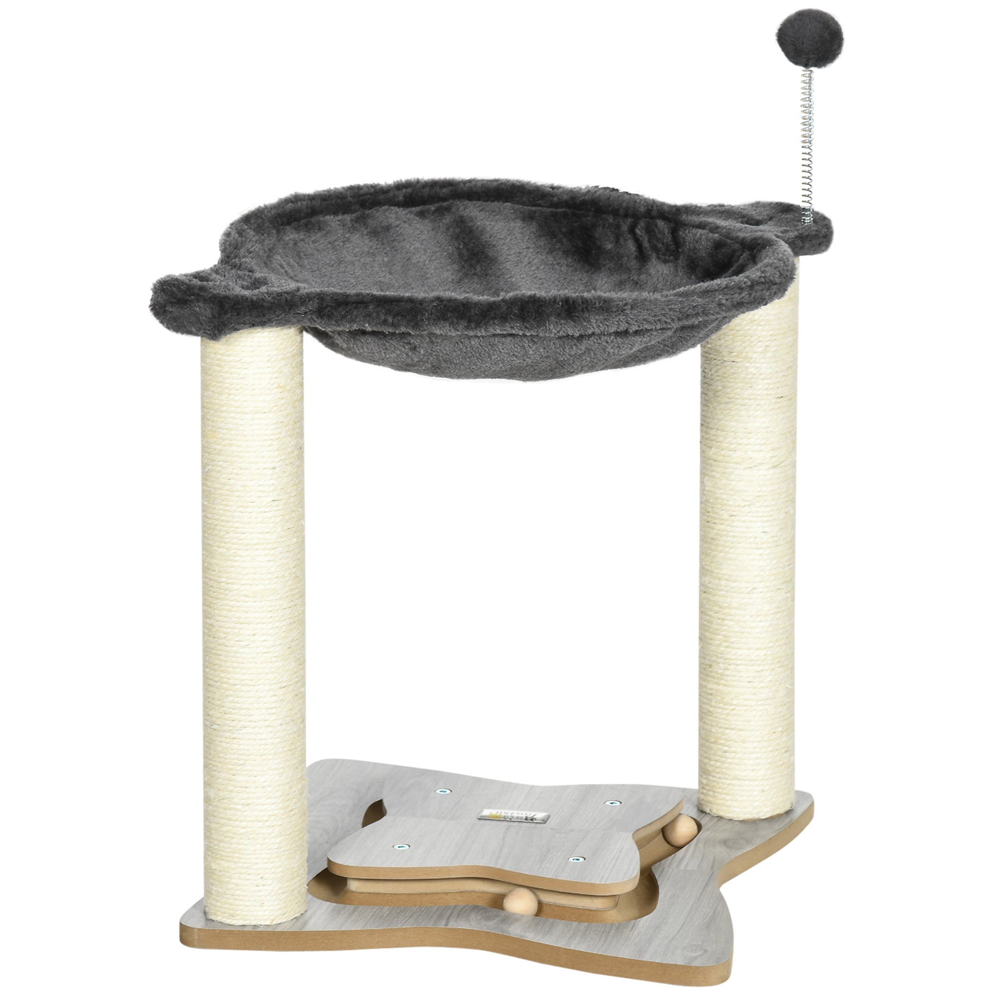 Cat Scratching Post with Plush Hammock, Wooden Base with Toy and Sisal Poles, 53.55x53. 5x66cm, Grey - Borge' Group Limited