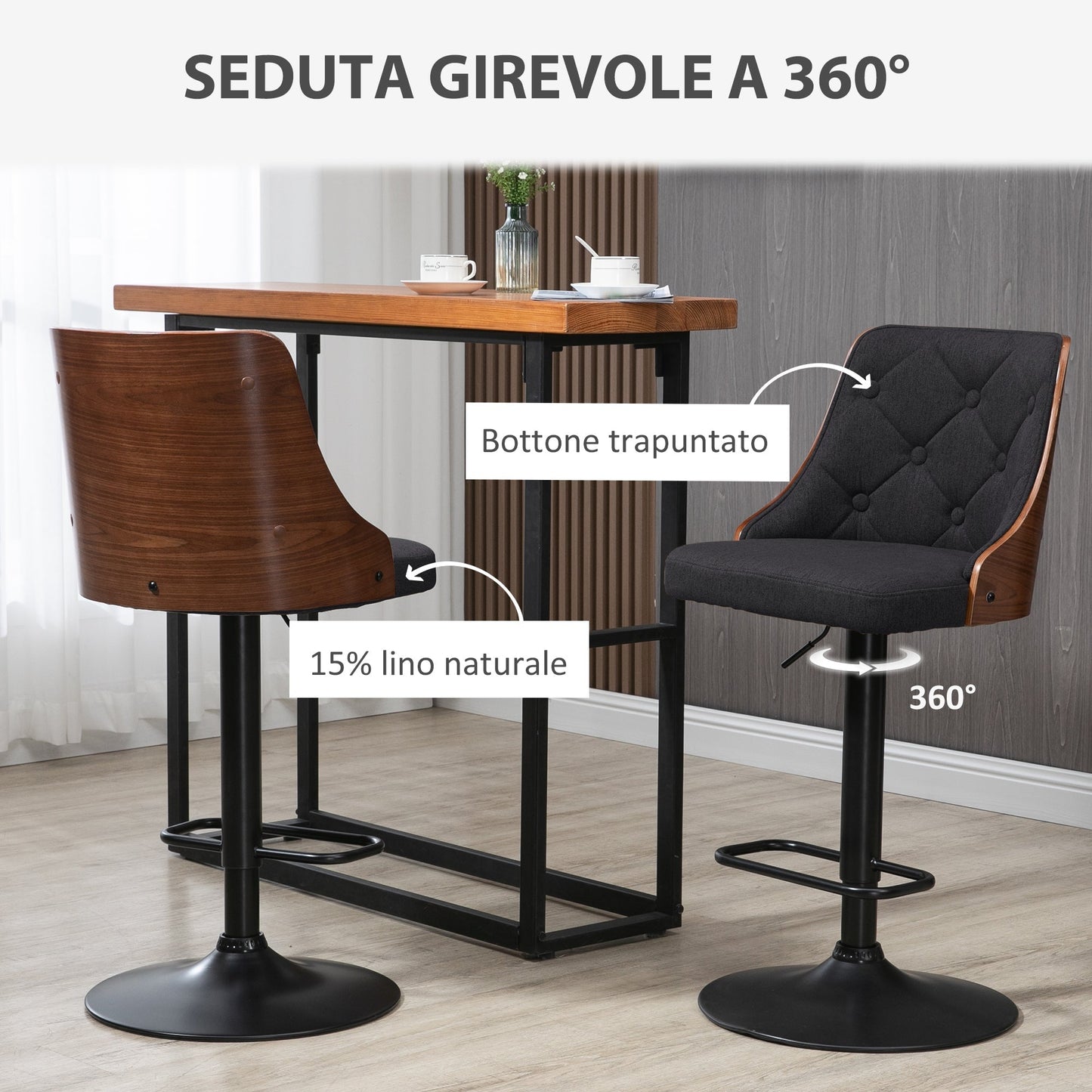 VENERA | Set 2 Swivel Kitchen Bar Stools | 47.5x50x93.5-116 cm | black and walnut