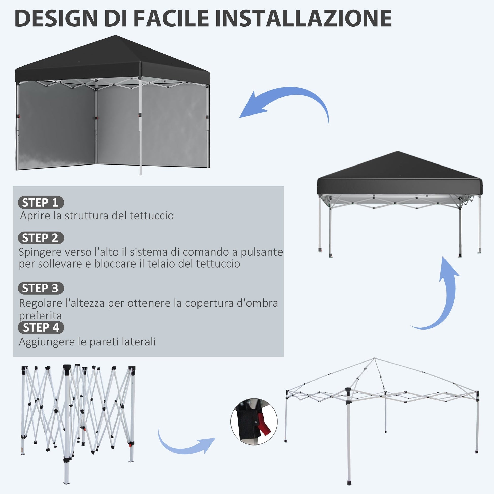 Height-Adjustable Pop Up Foldable Garden Gazebo with 2 Walls and Bag Included, 297x297x274 cm, Black - Borgè