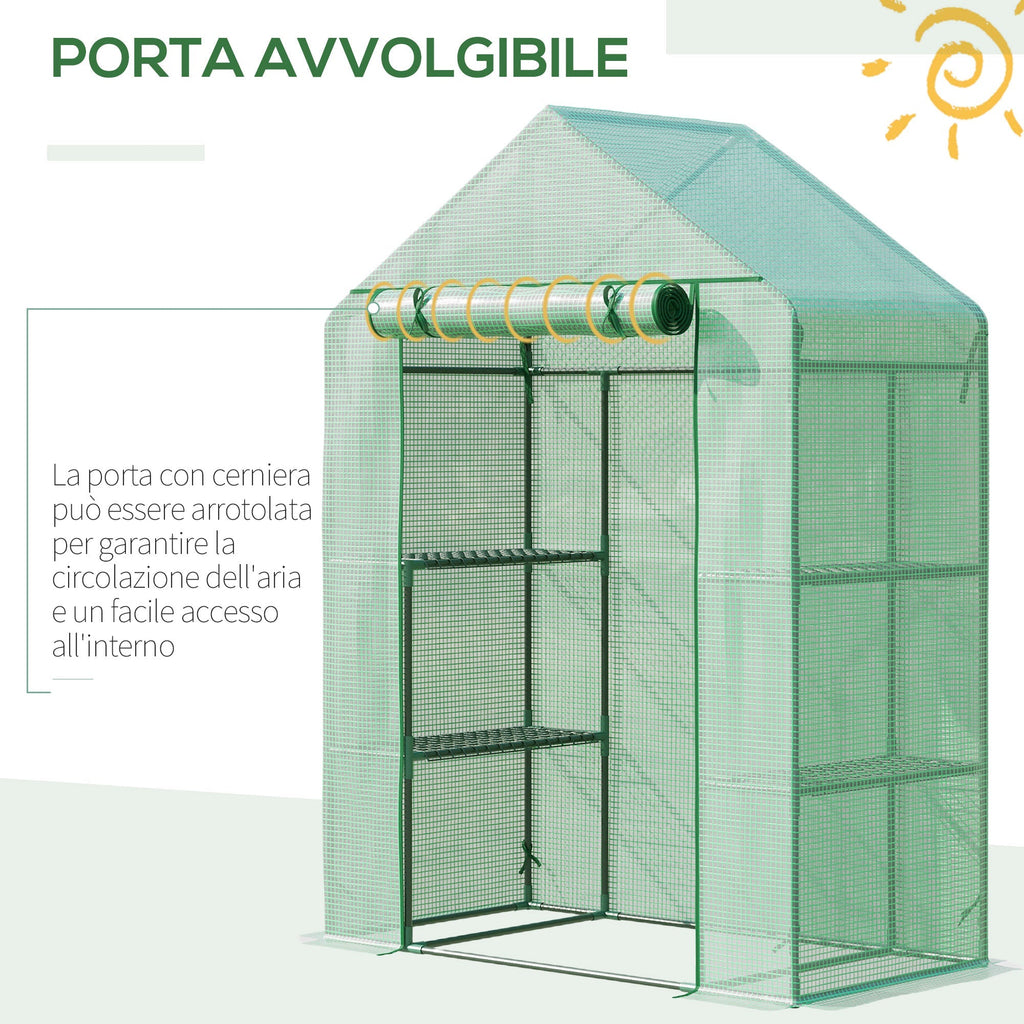 Outsunny Garden greenhouse in steel and plastic PE with 4 shelves, ropes and pickets, 141x72x191 cm, green - Borgè