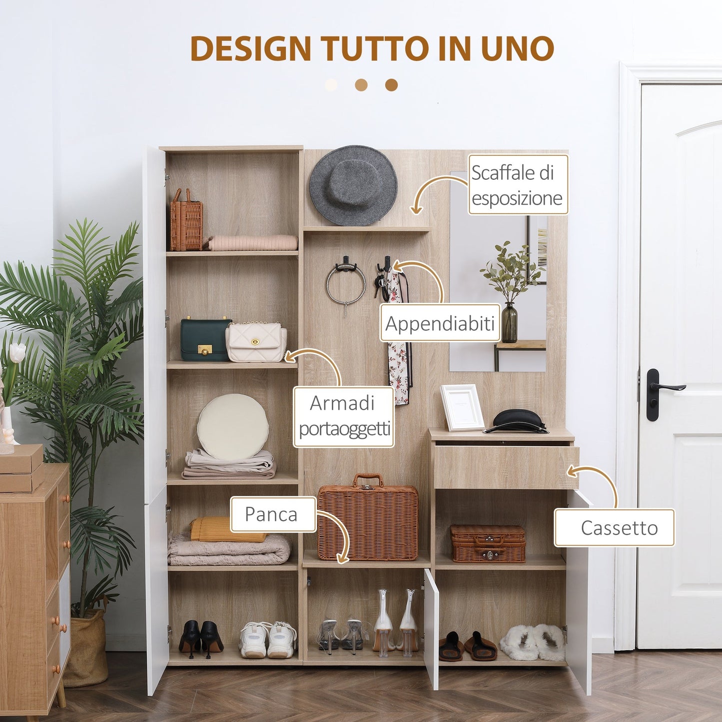 input mobile 4 in 1 in chipboard with mirror, hooks and adjustable interior shelves, 145x29x184 cm - Borgè