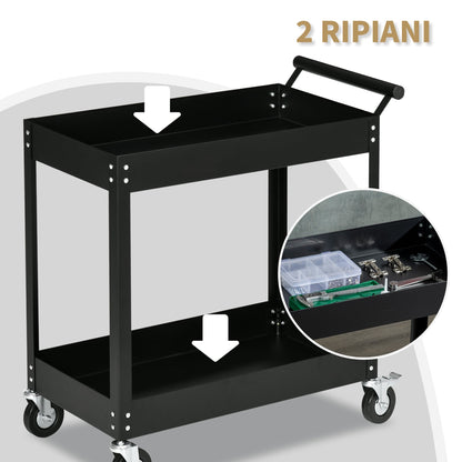 Black Garage Tool Trolley with 2 steel shelves | 84.5x38x84cm - Borgè