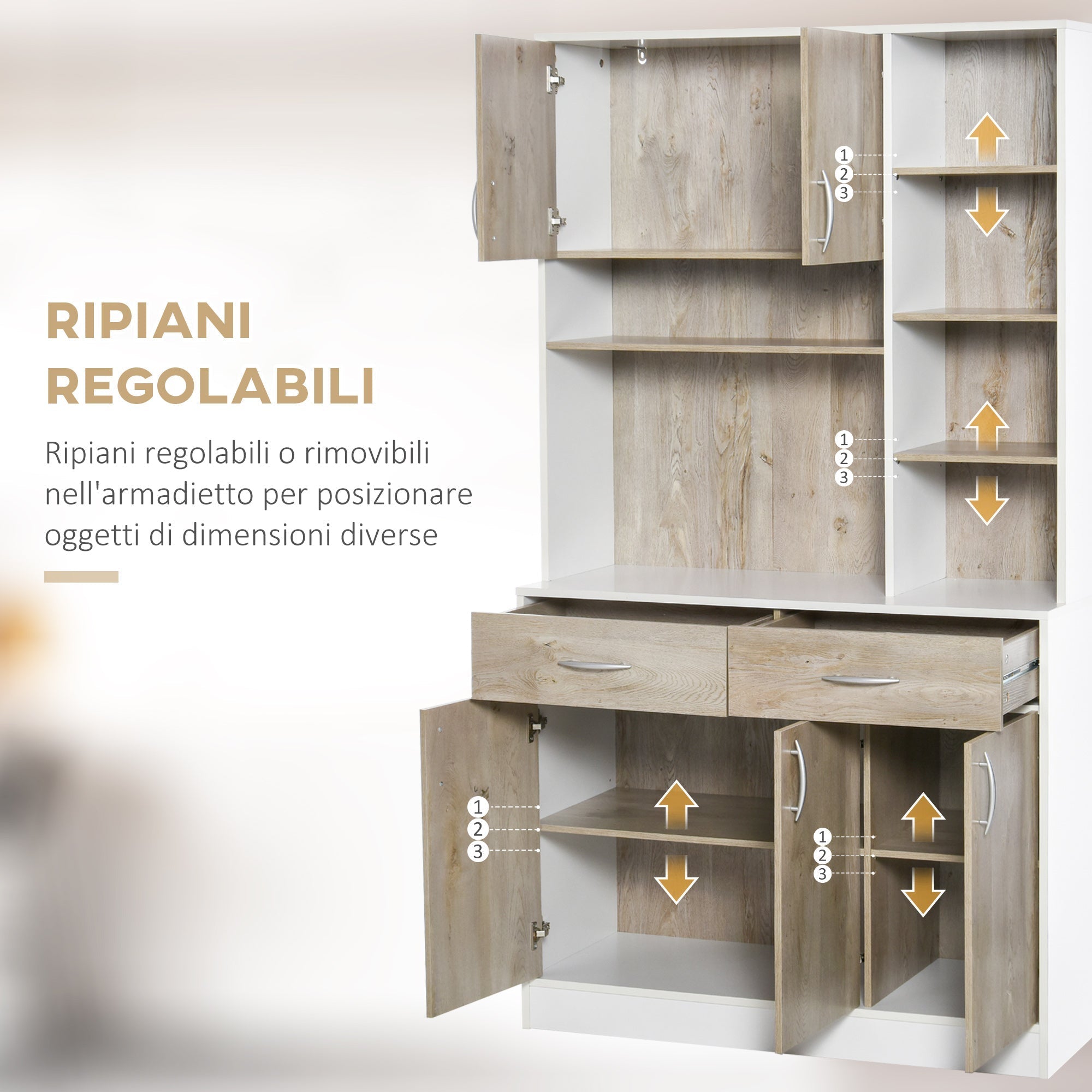 Mobile buffet dispensation kitchen, white and wood, open drawers open - Borgè