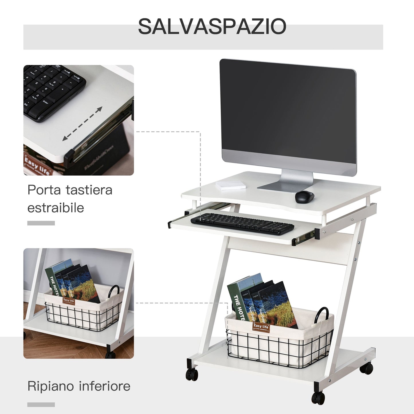 Desk Table PC PC Plan Planning Keyboard and 4 wheels, White - Borgè