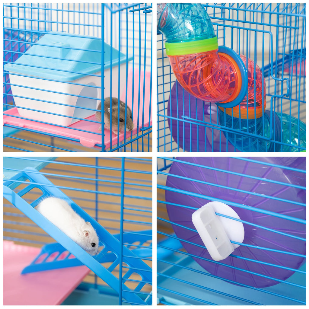 Pawhut for hamsters and 5 -storey rodents with colored pipes, wheel, small house and accessories included, blue, 47x30x59cm - Borgè