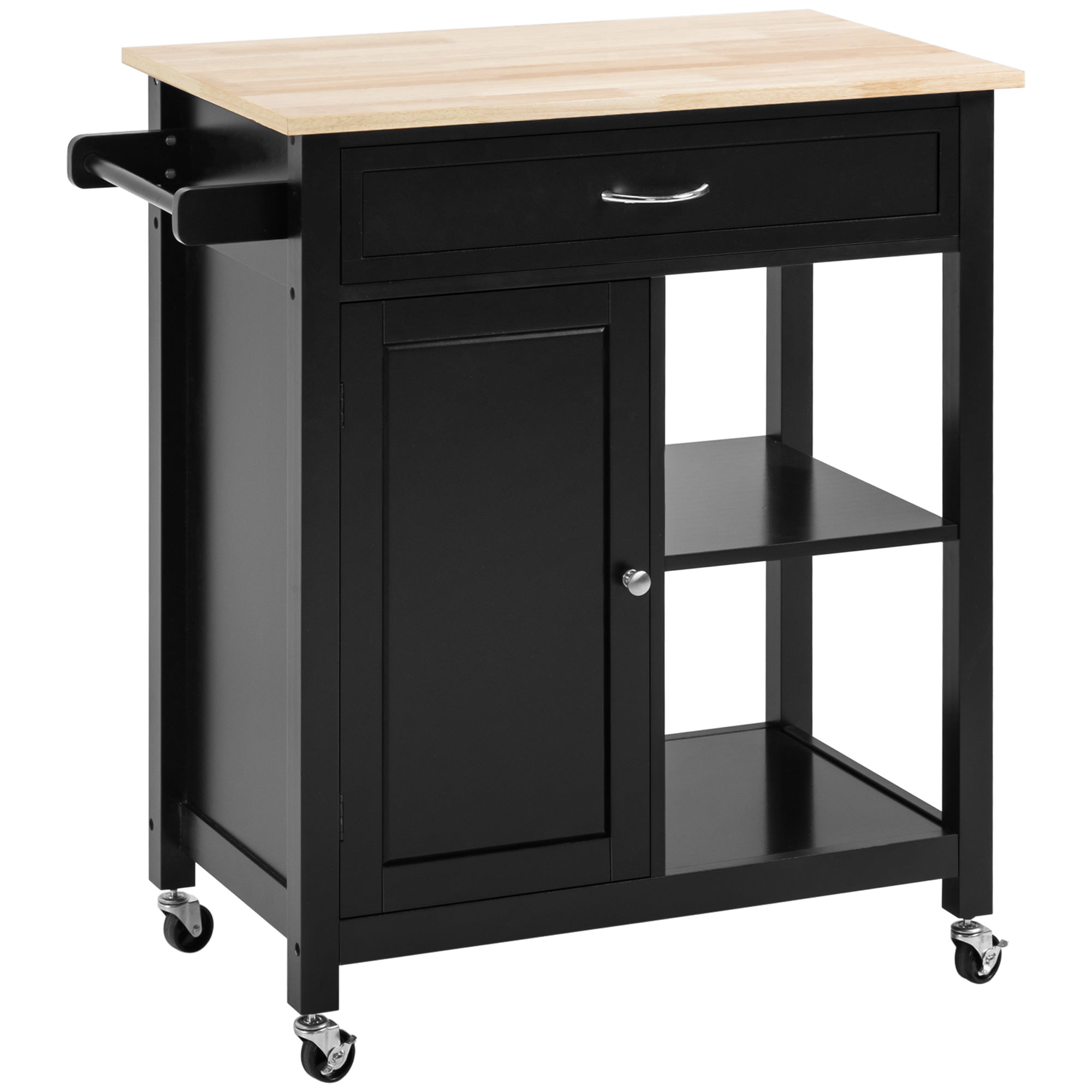 wooden kitchen trolley with drawer, locker and wheels, 83x45x88cm, black - Borgè