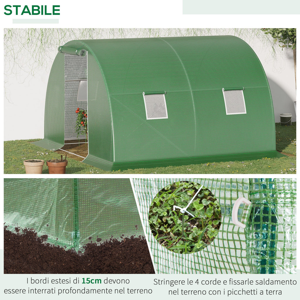 3x3x2m Outdoor Tunnel Greenhouse with PE Cover, Zippered Door and 4 Windows, Green - Borge' Group Limited