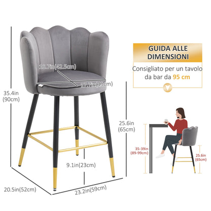 Homcom set with 2 stools from velvety bar with footrest and steel base, 59x52x90cm, Grey - Borgè