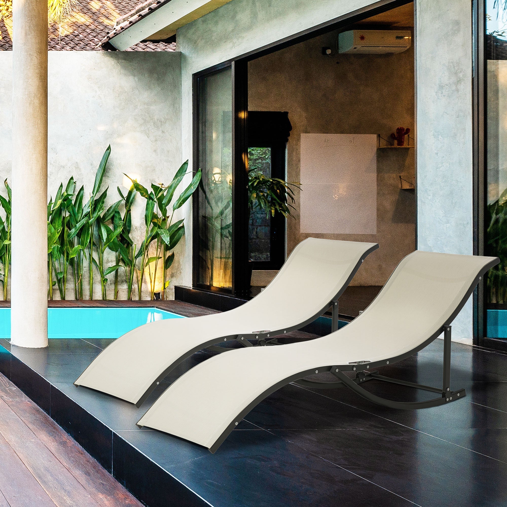 Set of 2 Folding Garden Loungers, Aluminum and Textilene Sun Lounger, 61x165x63cm - Borge' Group Limited