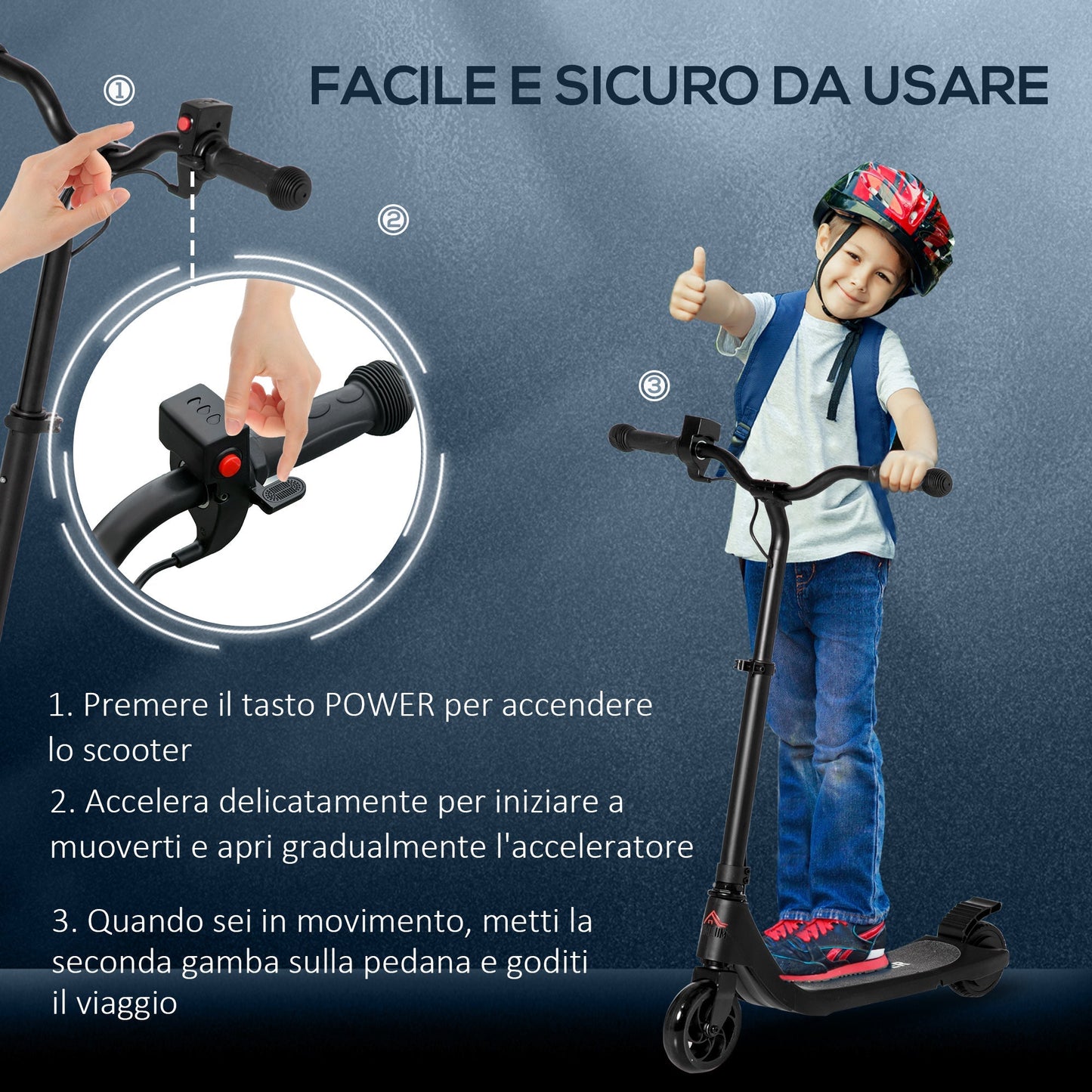 electric scooter at adjustable height for children 6+ years, 76x53x90-95cm, black