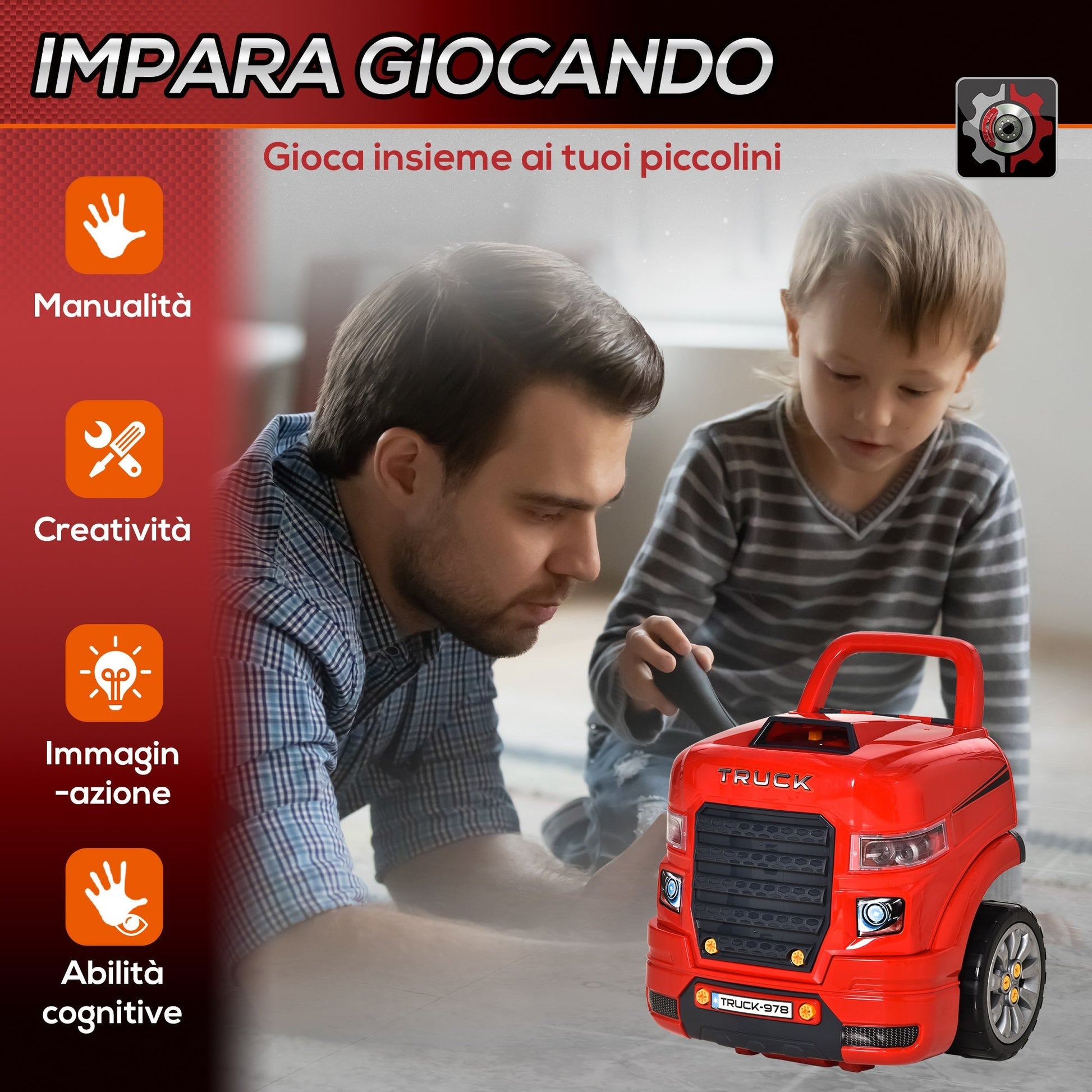 Homcom Toy Truck Officina with engine and 61 children's accessories 3-5 years, wheels and handle, 40x39x47cm - red - Borgè