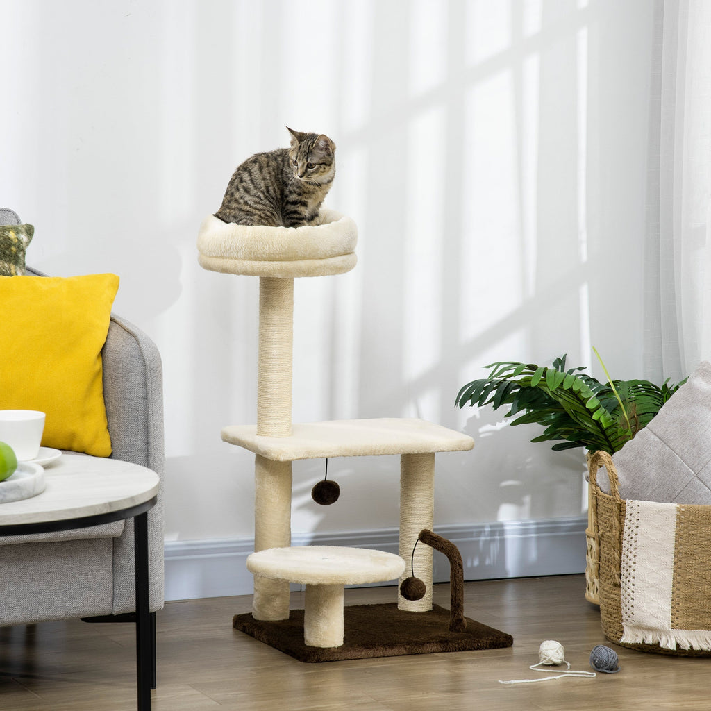 Scratching Tree with Sisal Pole, Perch and Play Balls, Chipboard and Plush, 44x38x74 cm - Borge' Group Limited