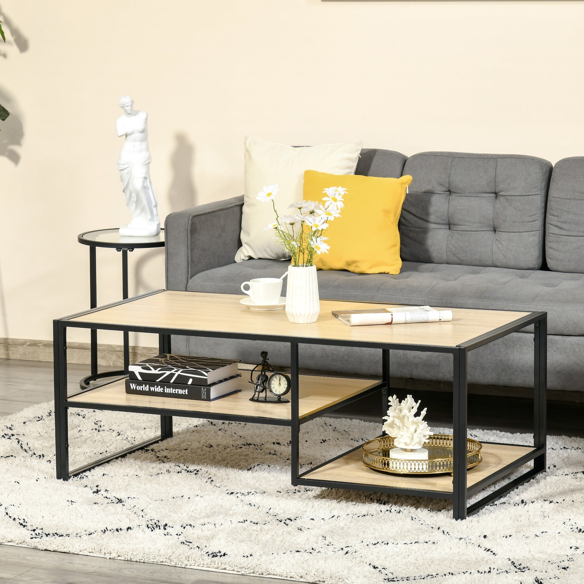 Industrial Style Coffee Table with 3 shelves, in MDF and Steel, 120x60x46cm - Wood | - Borgè