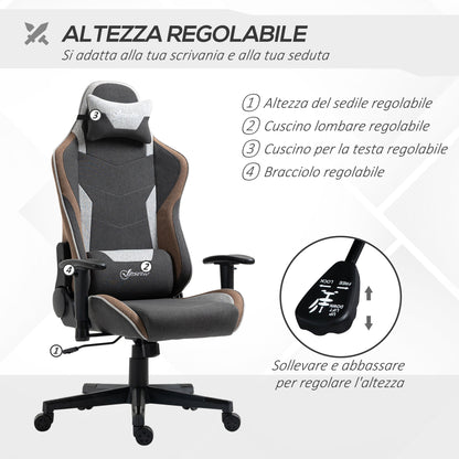 Retlinable gaming chair in 150 ° with rocking function, headrest and lumbar pillow, Grey, Grey - Borgè