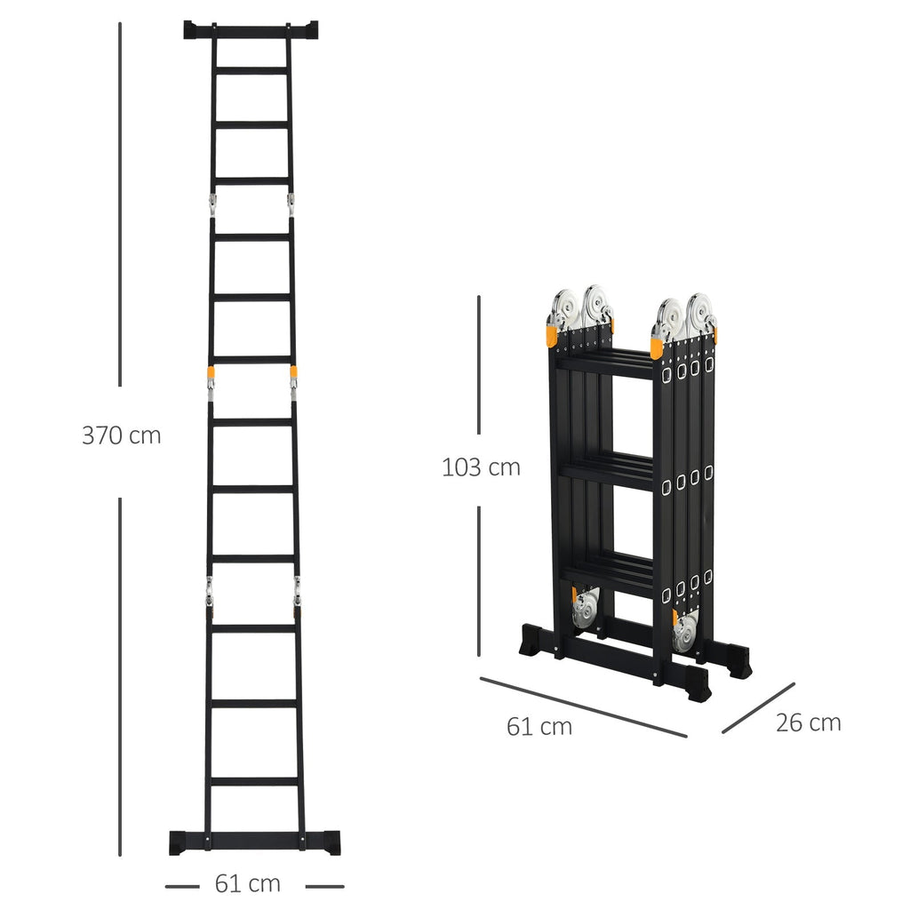 Durhand Aluminum scale 5 in 1 black for interiors and exteriors, maximum load 150kg, 370x61x11 cm - Borgè