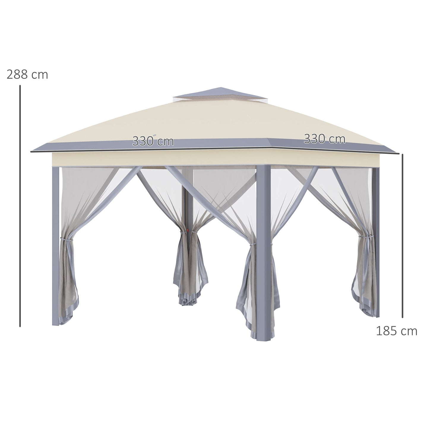 Pop Up Gazebo, Double Roof Foldable Canopy Tent with Zippered Mesh Sidewalls, Height Adjustable and Carrying Bag, Event Tent for Patio Garden Backyard, Beige 330x330x288cm - Borgè