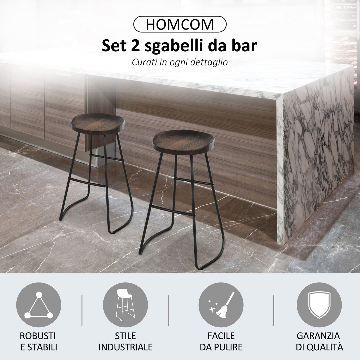 Set 2 High Stools from industrial style bar in black steel and wood - Borgè